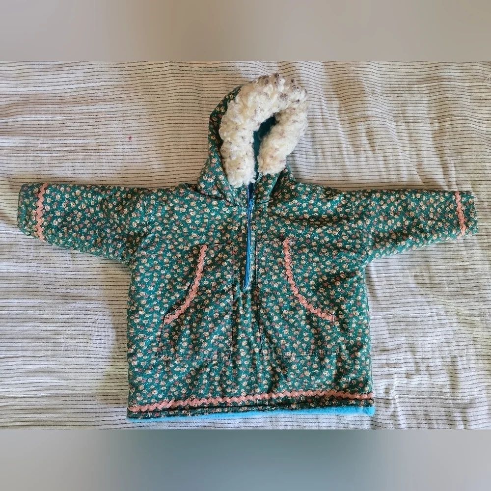 Vtg 70s Handmade 2T Hooded Fleece Lined 1/2 Zip Pullover Jacket Green Floral